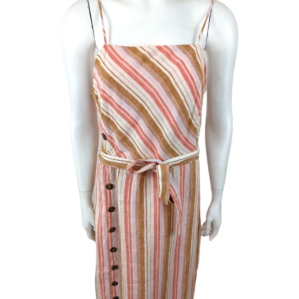 Joie Khari Linen Striped Midi Dress L Coral White Sleeveless Button Stripe - Picture 3 of 10